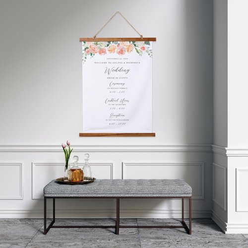 Blush Floral Wedding Welcome Order of Events Sign Hanging Tapestry