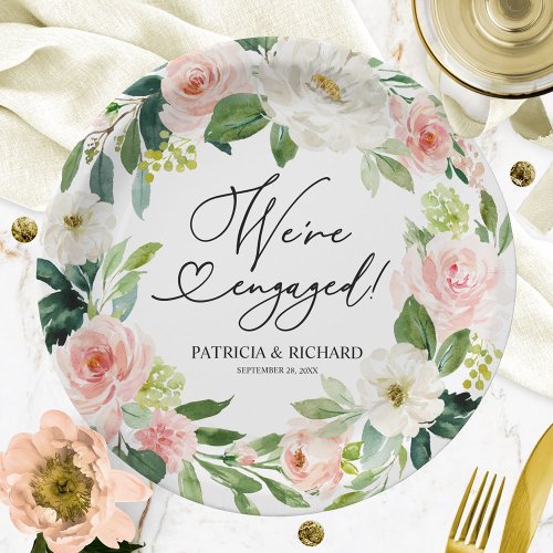 Blush Floral Were Engaged Engagement Party Paper Plates