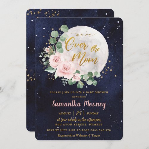 Blush Floral Were Over the Moon Girl Baby Shower Invitation