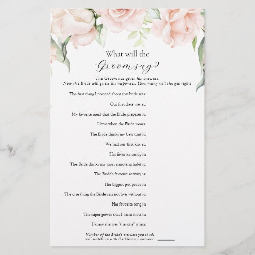 Blush Floral What Did Groom Say Bridal Shower Game