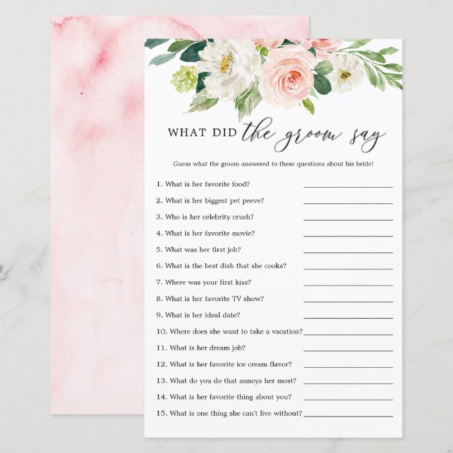 Blush Floral What Did The Groom Say Game Cards (Front/Back)