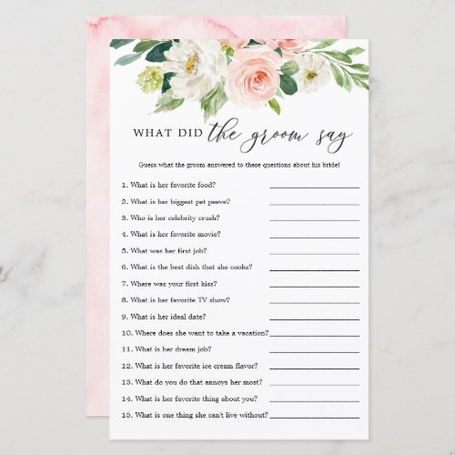 Blush Floral What Did The Groom Say Game Cards