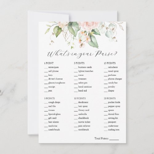 Blush Floral Whats in Your Purse Bridal Game Card
