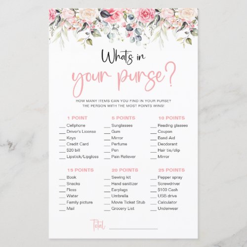 Blush Floral  Whats In Your Purse Game Card