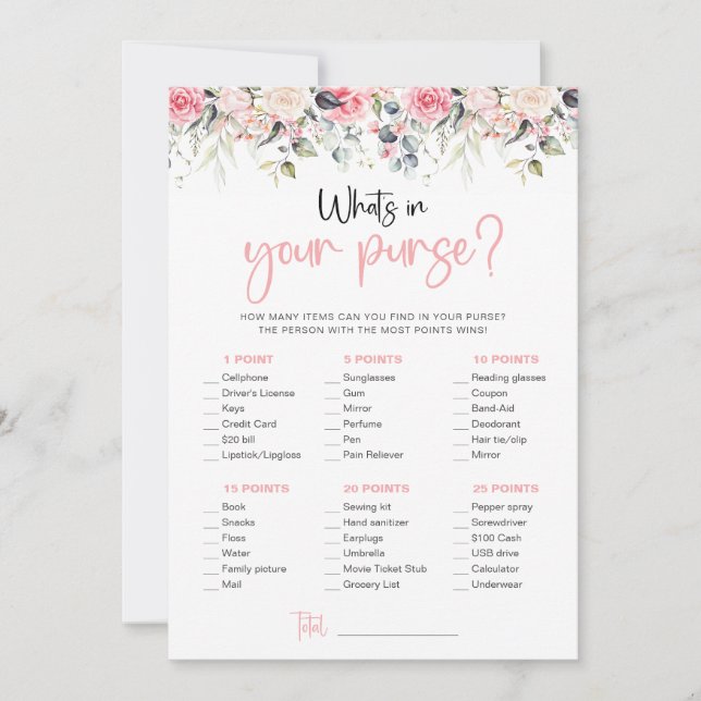 Blush Floral What's In Your Purse Game Card (Front)