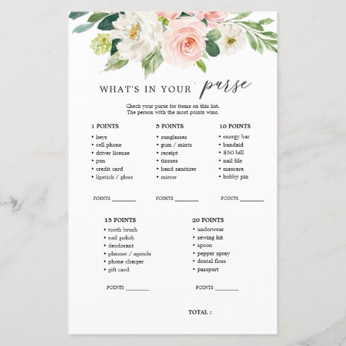 Blush Floral Whats In Your Purse Shower Game