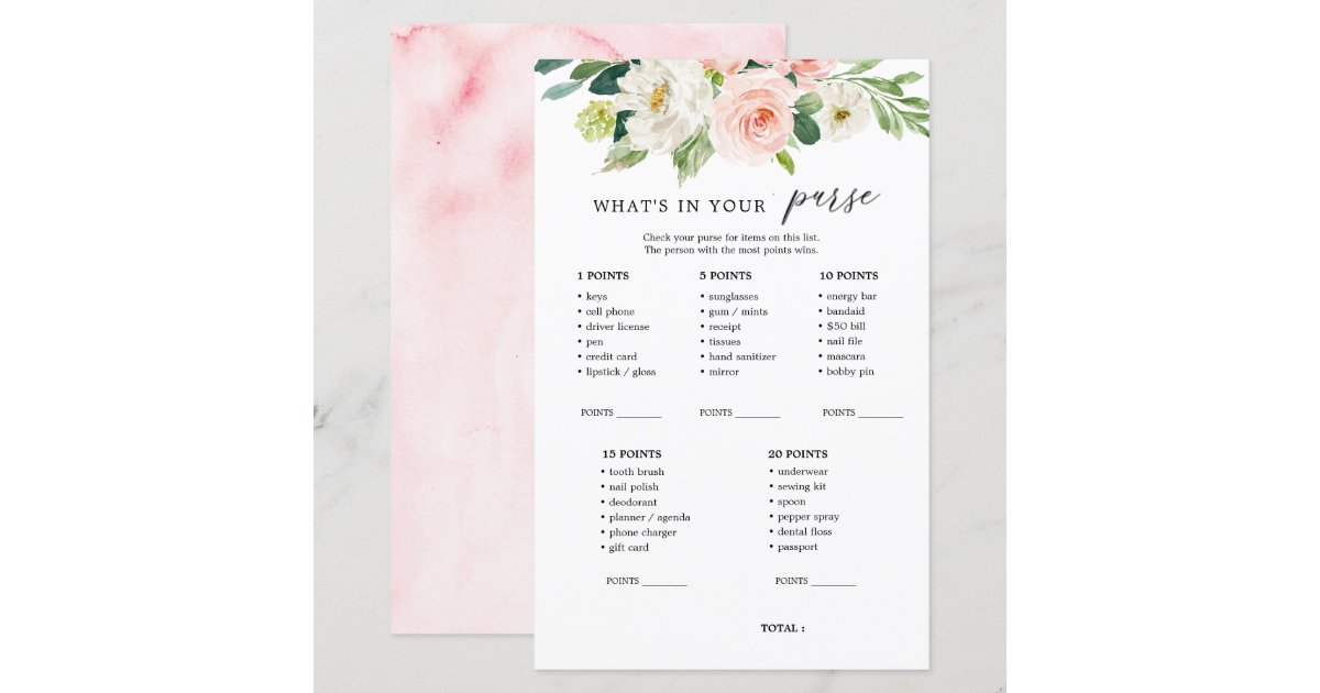 Blush Floral What's In Your Purse Shower Game | Zazzle