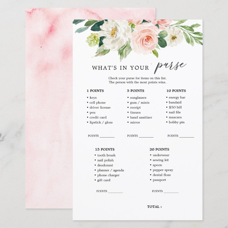 Blush Floral What's In Your Purse Shower Game | Zazzle