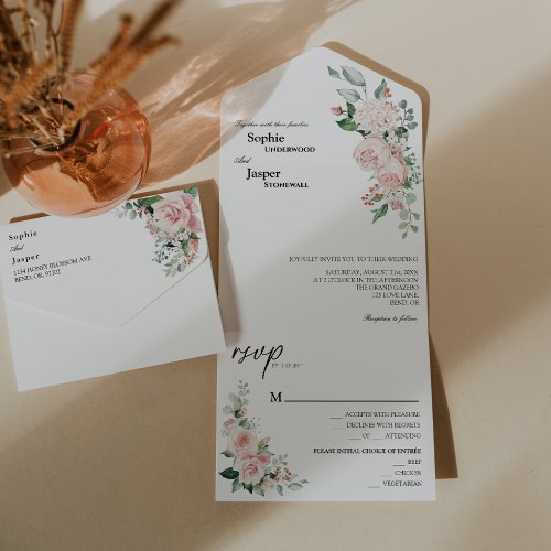 Blush Floral White All In One Wedding Invitation