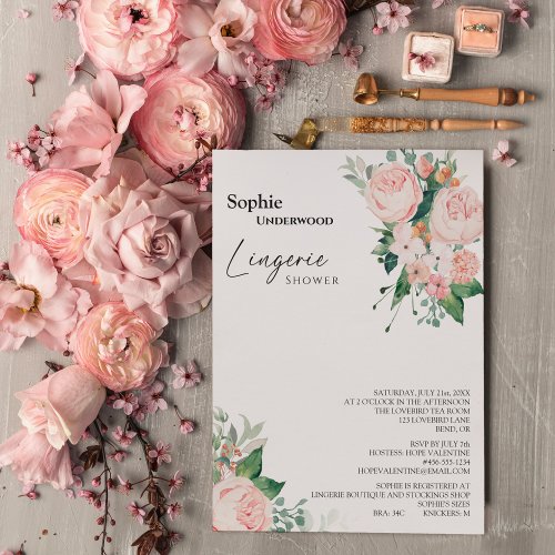 Blush Floral White Bridal Lingerie Shower Invitation