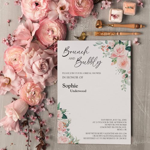 Blush Floral White Brunch And Bubbly Bridal Shower Invitation