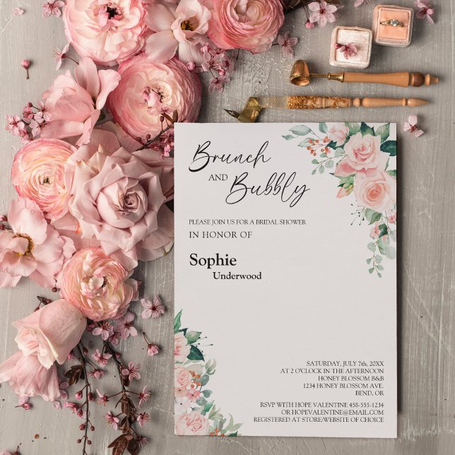 Blush Floral White Brunch And Bubbly Bridal Shower Invitation (Creator Uploaded)