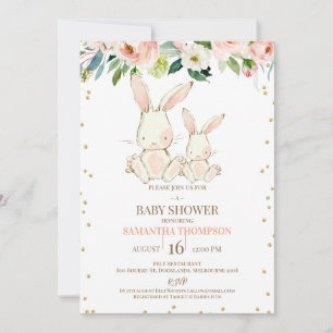 Blush Floral White Bunnies Girls Baby Shower Invitation