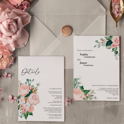 Blush Floral White Details All In One Wedding Invitation