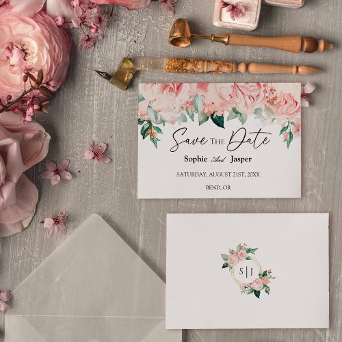 Blush Floral White Flat Save The Date Card
