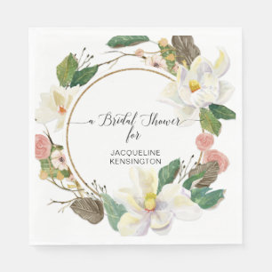 Blush Floral White Magnolia Watercolor Gold Leaf Napkins