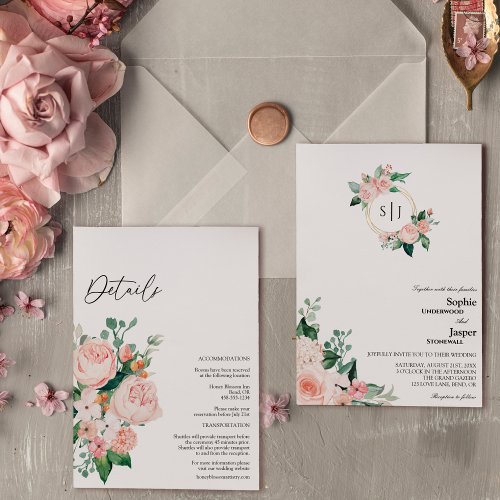 Blush Floral White Monogram All In One Wedding Invitation