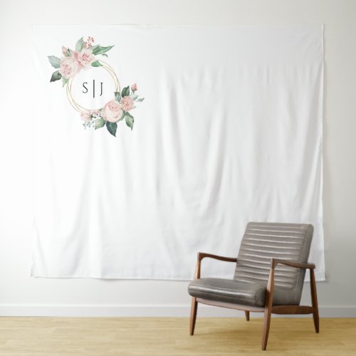 Blush Floral White Monogram Wedding Photo Backdrop