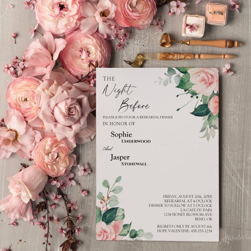 Blush Floral White Night Before Rehearsal Dinner Invitation