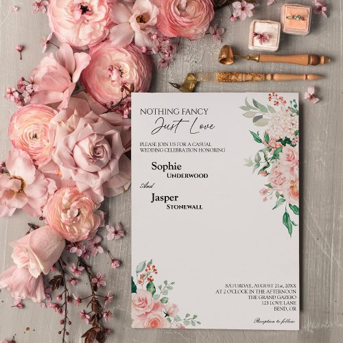 Blush Floral White Nothing Fancy Just Love Wedding Invitation