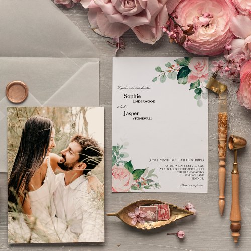 Blush Floral White Photo Wedding Invitation
