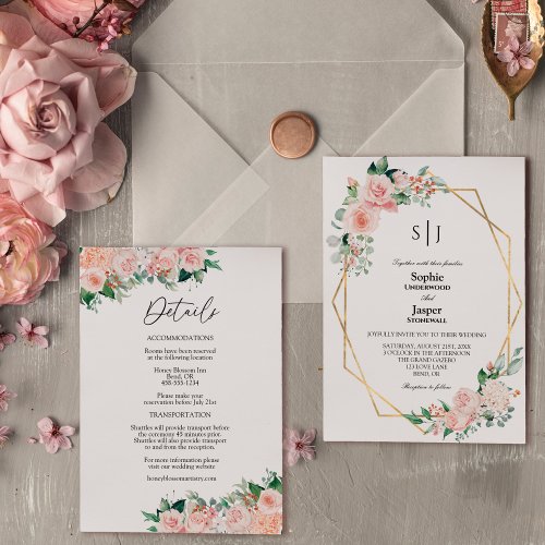 Blush Floral White Simple Monogram Details Wedding Invitation