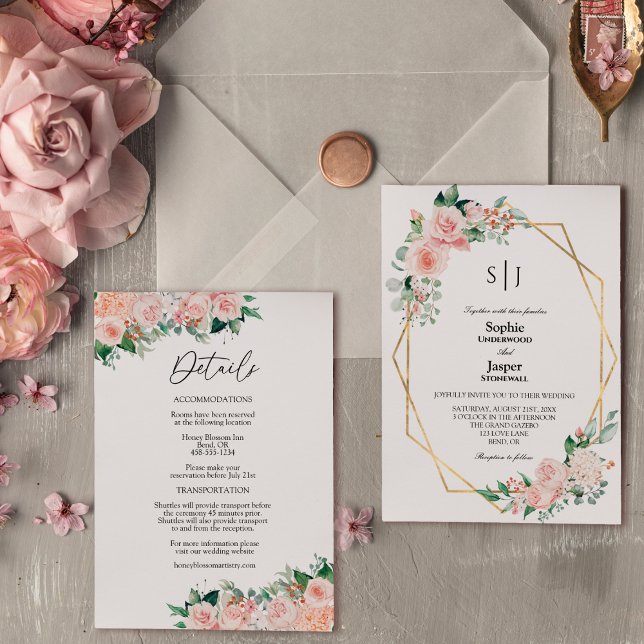Blush Floral White Simple Monogram Details Wedding Invitation (Creator Uploaded)