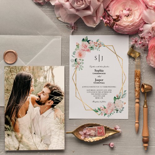 Blush Floral White Simple Monogram Photo Wedding Invitation