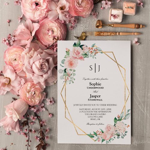 Blush Floral White Simple Monogram Wedding Invitation