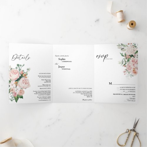 Blush Floral White Tri_Fold Wedding Invitation
