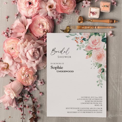 Blush Floral White Wedding Bridal Shower Invitation