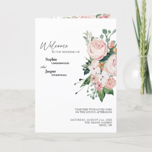 Blush Floral White Wedding Folded Program