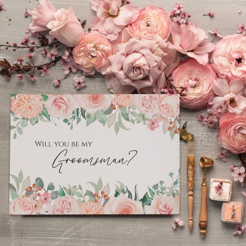 Blush Floral White Wedding Groomsman Proposal Card