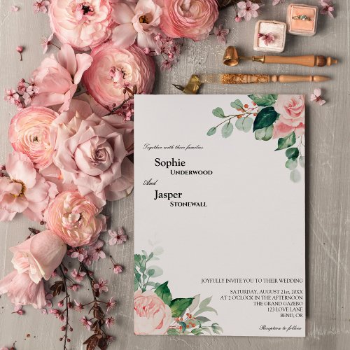 Blush Floral White Wedding Invitation