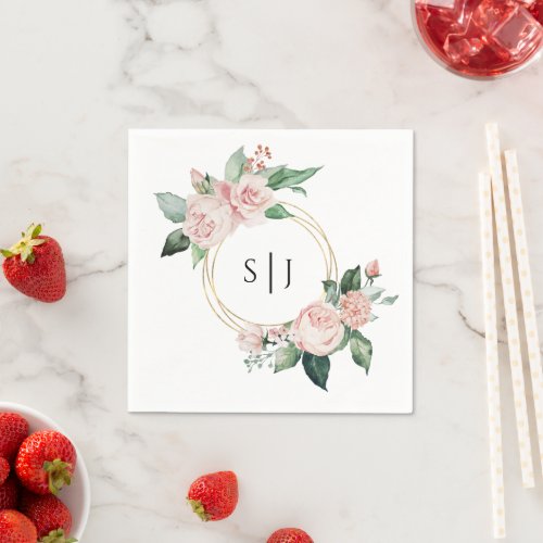 Blush Floral White Wedding Monogram Napkins
