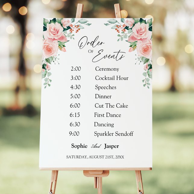 Blush Floral White Wedding Order Of Events Sign (Creator Uploaded)