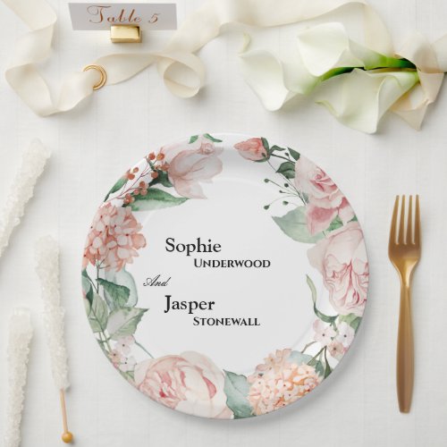 Blush Floral White Wedding Paper Plates