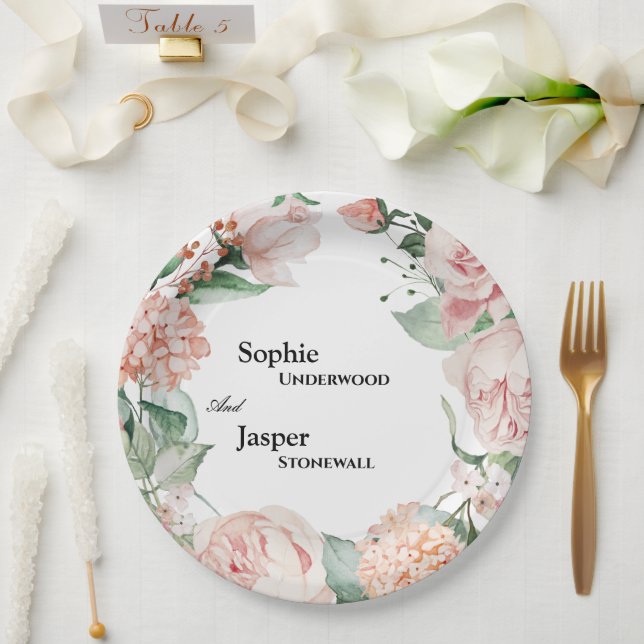 Blush Floral White Wedding Paper Plates (Wedding)