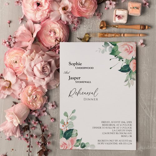 Blush Floral White Wedding Rehearsal Dinner Invitation