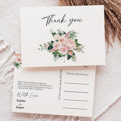 Blush Floral White Wedding Thank You Postcard