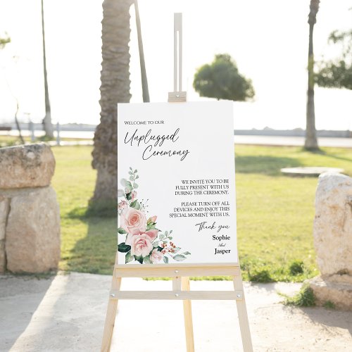 Blush Floral White Wedding Unplugged Ceremony Sign