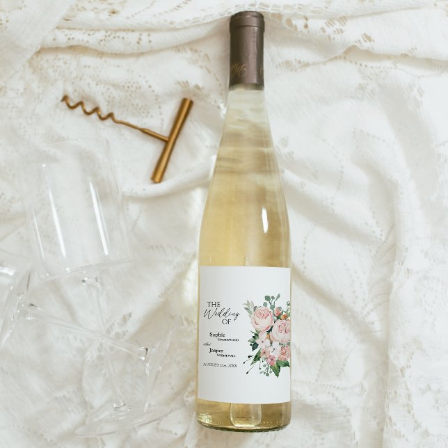 Blush Floral White Wedding Wine Label (Creator Uploaded)