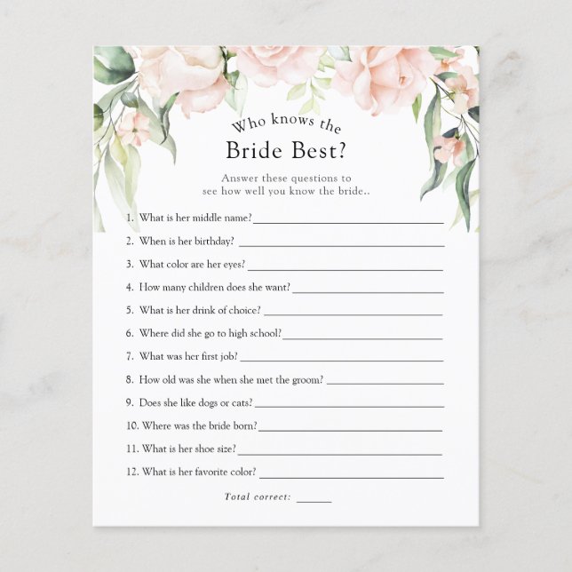 Blush Floral Who Knows the Bride Best Bridal Game (Front)