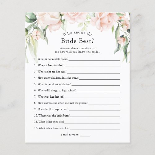 Blush Floral Who Knows the Bride Best Bridal Game