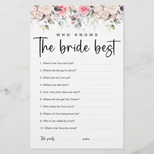 Blush Floral | Who Knows The Bride Best Game | Zazzle