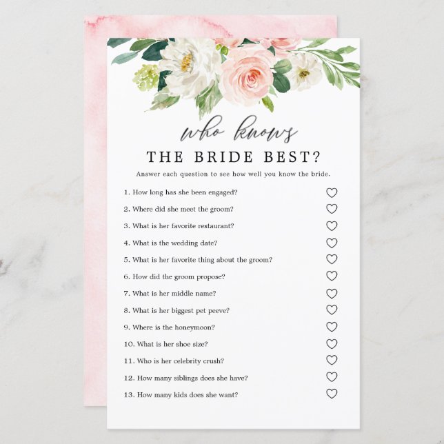 Blush Floral Who Knows The Bride Best Game Cards (Front/Back)