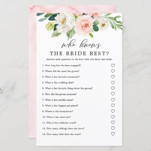 Blush Floral Who Knows The Bride Best Game Cards