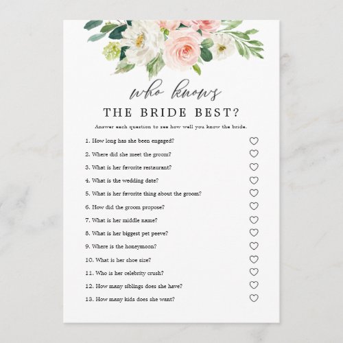 Blush Floral Who Knows The Bride Game Printable Invitation