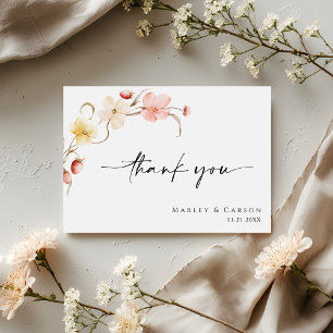 Blush Floral Wildflower Elegant Script Wedding Thank You Card