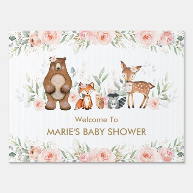 Blush Floral Woodland Animal Baby Shower Welcome Sign (Front)